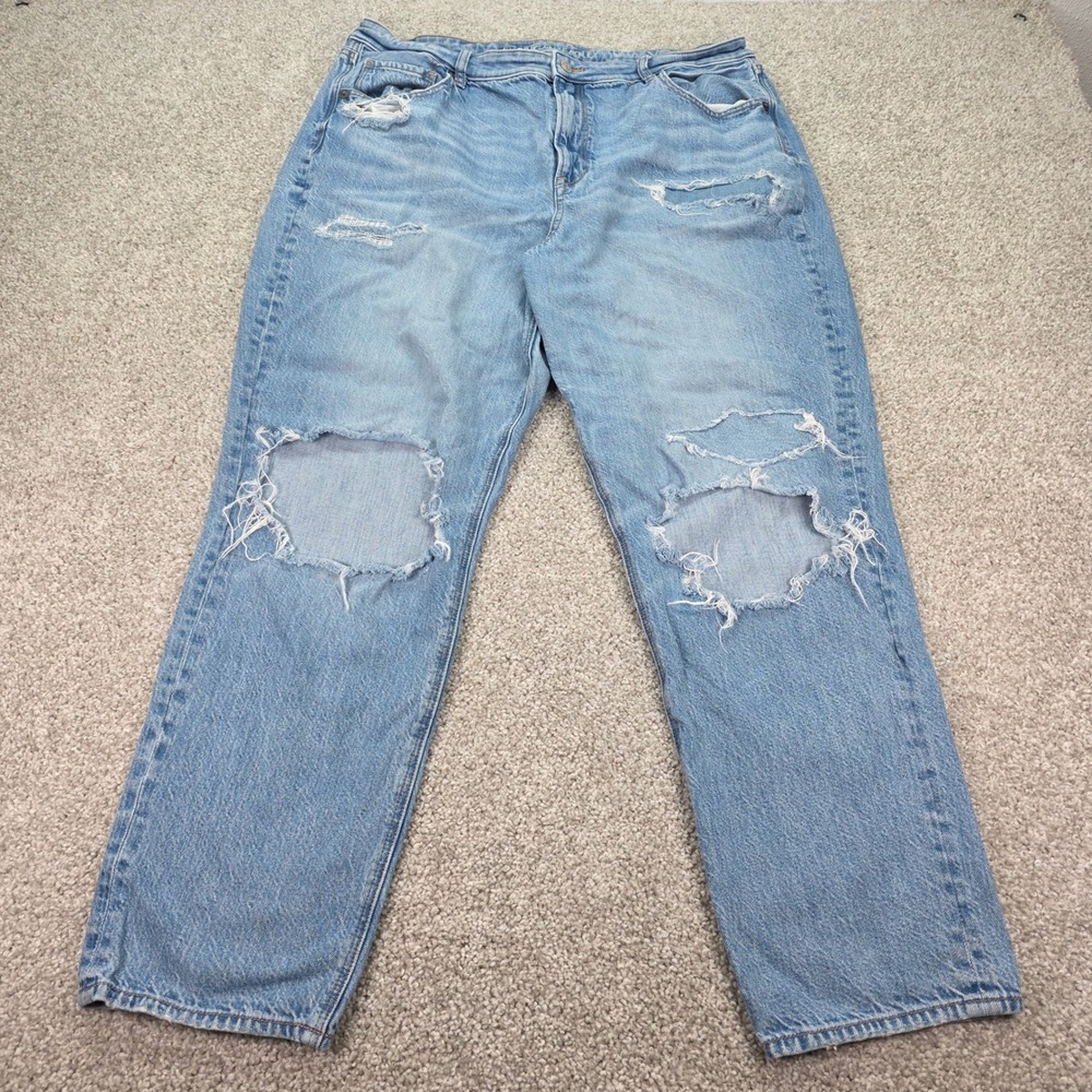 American Eagle Distressed Mom Jeans Womens 18 Long Light Wash High Rise Denim